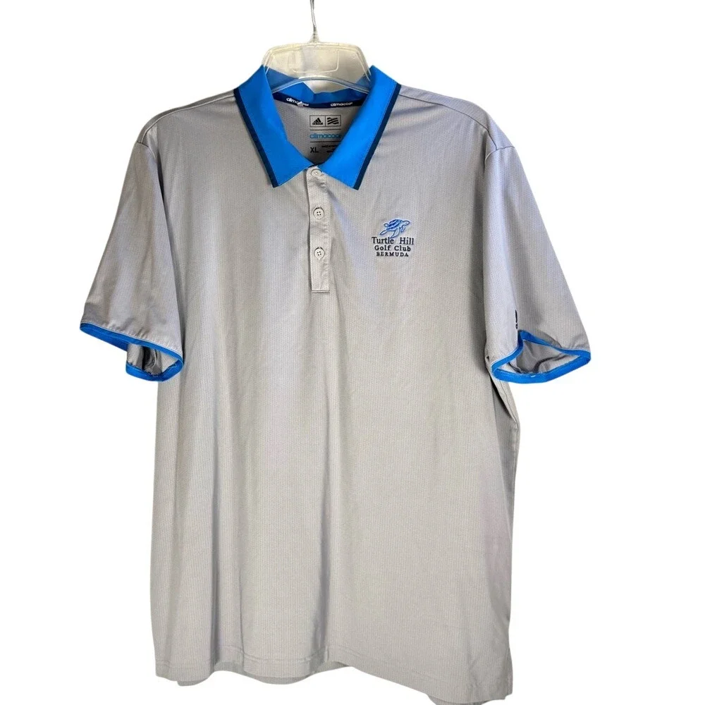 Adidas Turtle Hill Golf Club Bermuda ClimaCool Golf Polo Shirt Mens XL Gray Blue